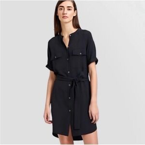 Theory Rosina Crepe Belted Cargo Dress Navy Blue Short Sleeve Band Collar L